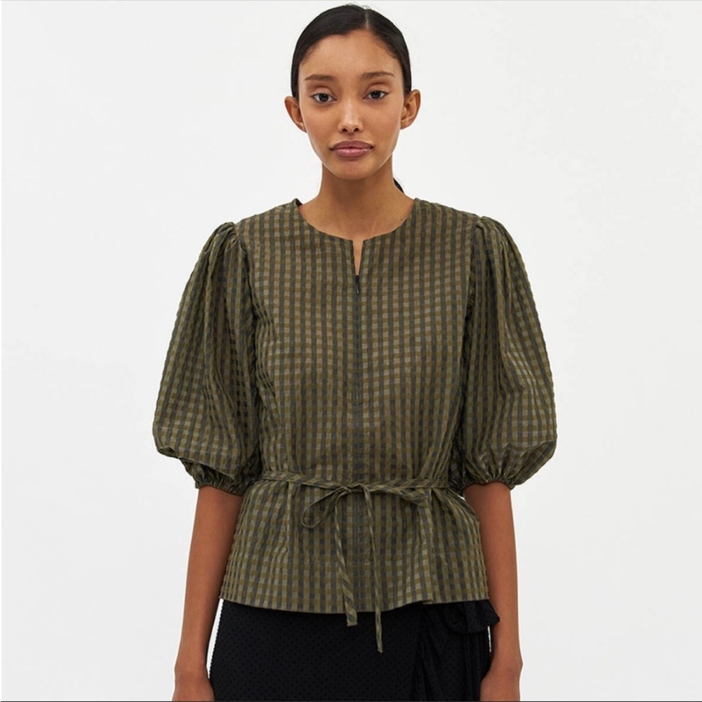 Ganni Seersucker Plaid Blouse with Front Tie and Zip